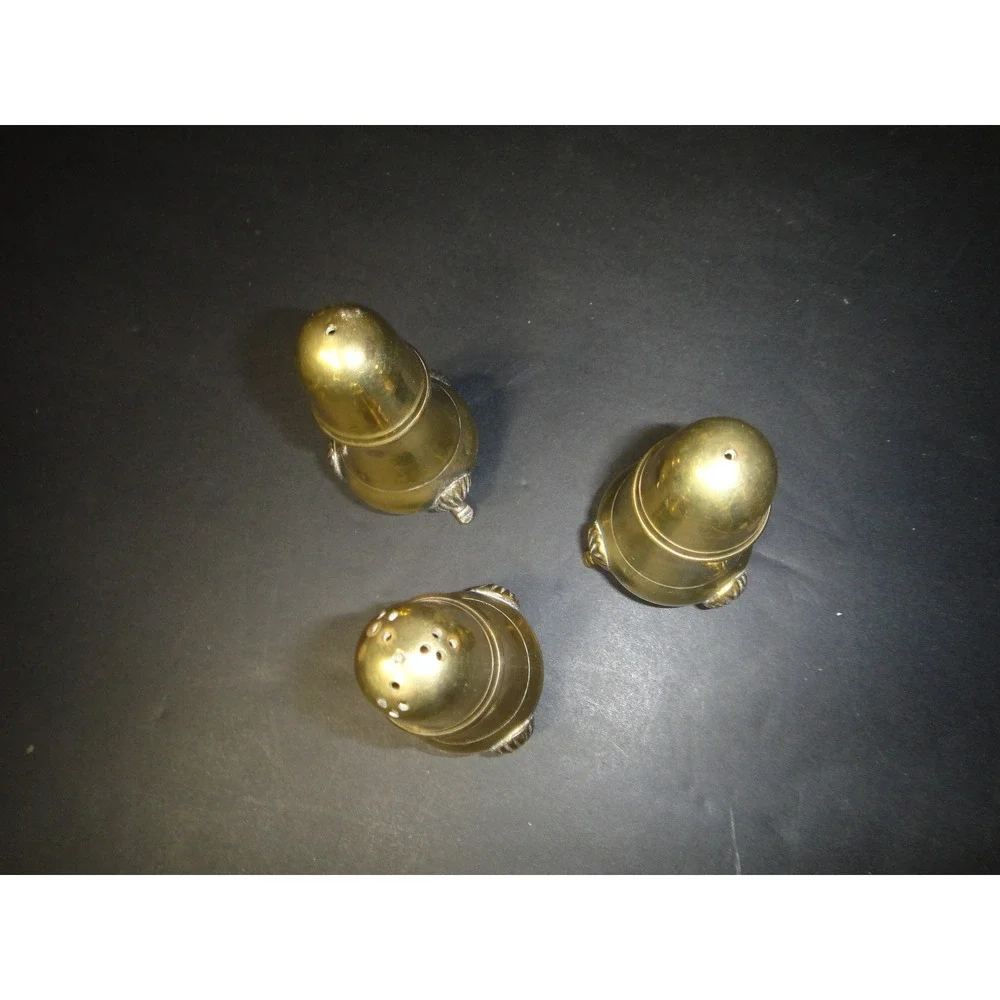 Vintage Brass Salt and Pepper Shakers Set of 3 Shell Footed Tripod Base Gold EUC